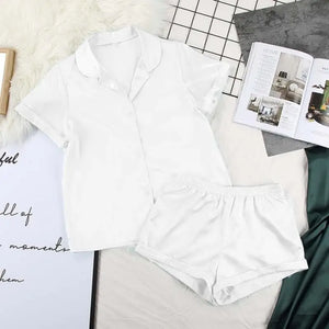 Turn Down Collar Silk Satin Short Sleeve Pajama Set - White