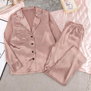 Turndown Collar Long Sleeve Casual 2 Piece Pajama Set