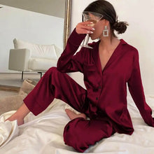 Load image into Gallery viewer, Turndown Collar Long Sleeve Casual 2 Piece Pajama Set - Red