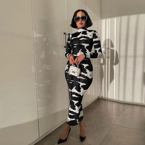 Turtleneck Cow Print Bodycon Dress