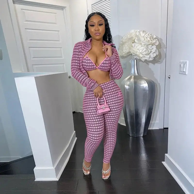 Turtleneck Jacket Matching 3 Piece Set - S / Pink