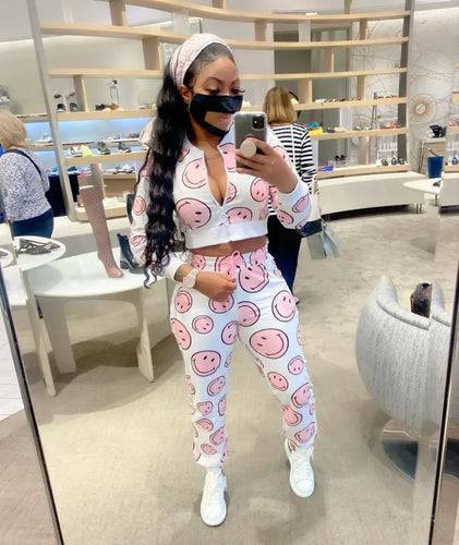 Two Piece Cartoon Print Drawstring Pants Set - white / S