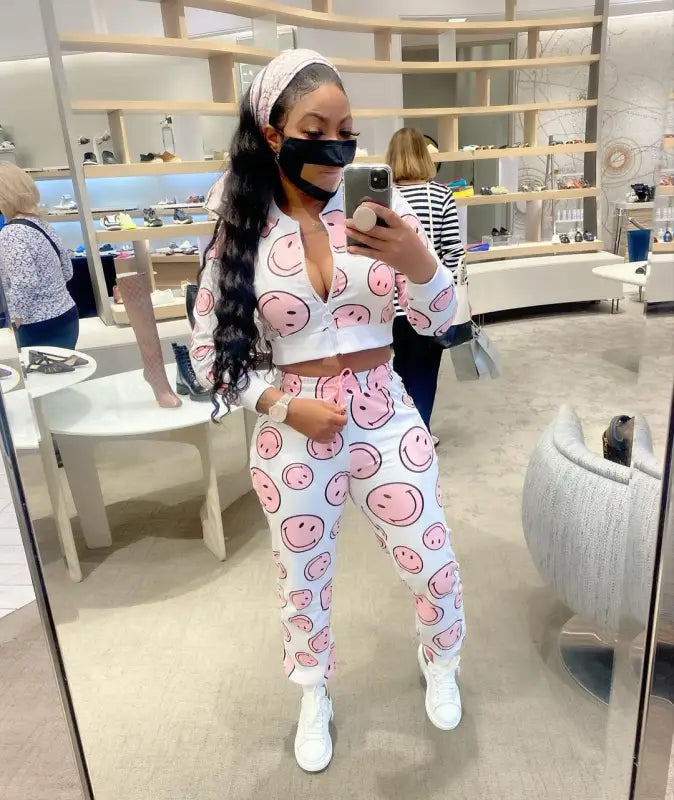 Two Piece Cartoon Print Drawstring Pants Set - white / S