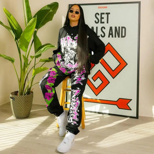 Two-piece Fashion Highstreet Graffiti Print Women Set