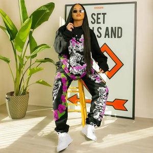 Two-piece Fashion Highstreet Graffiti Print Women Set