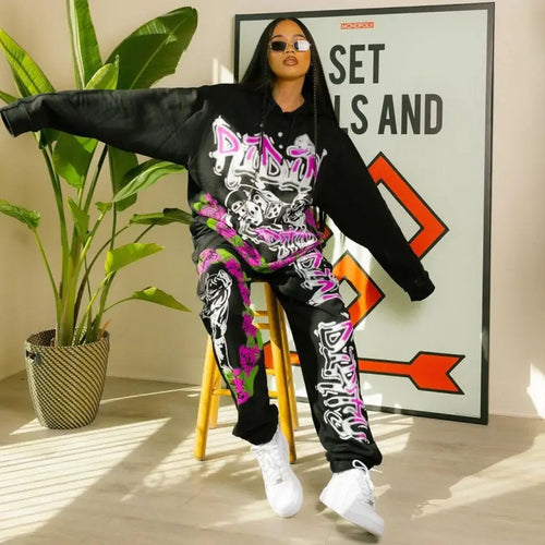 Two-piece Fashion Highstreet Graffiti Print Women Set