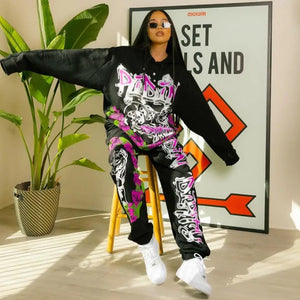 Two-piece Fashion Highstreet Graffiti Print Women Set