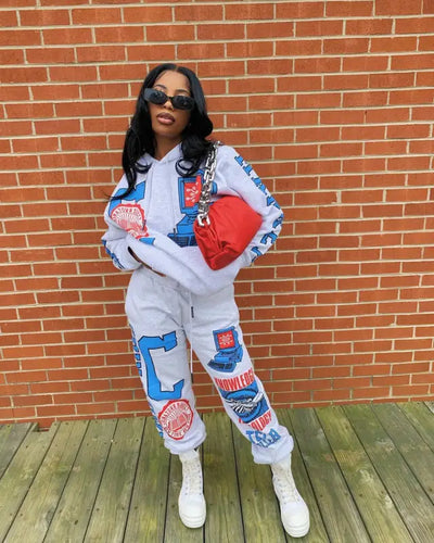 Two-piece Street Fashion Casual Print Hooded Set