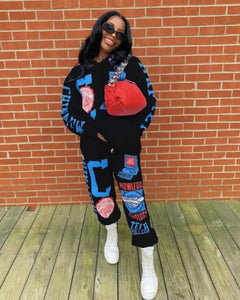 Two-piece Street Fashion Casual Print Hooded Set - black