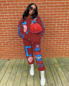 Two-piece Street Fashion Casual Print Hooded Set - Burgundy
