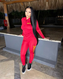 Two-pieces Sporty Letter Print Women Pants Set - Red / XL