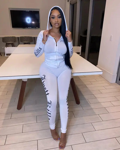 Two-pieces Sporty Letter Print Women Pants Set - white / XL