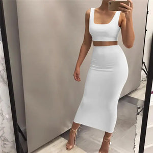 Unicolor Tank Top And Maxi Skirt Two Piece Set