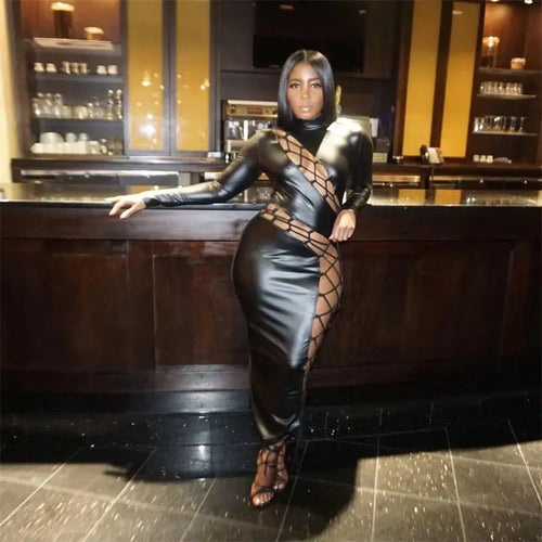 Unique Lace Up Bandage PU Leather Maxi Dress