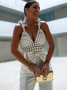 V-Neck Beaded Sling Crop Top - One Size / TOP