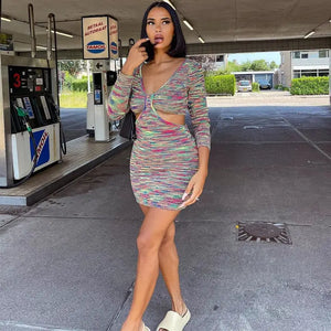 V Neck Cut Out Long Sleeve Club Mini Dress