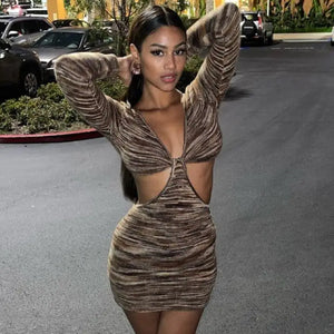 V Neck Cut Out Long Sleeve Club Mini Dress - tan / S
