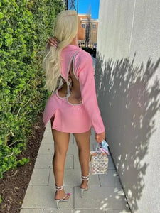 V Neck Diamond Backless Blazer Mini Dress