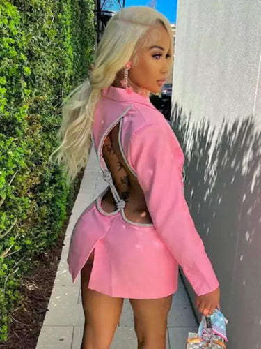 V Neck Diamond Backless Blazer Mini Dress - L / Pink
