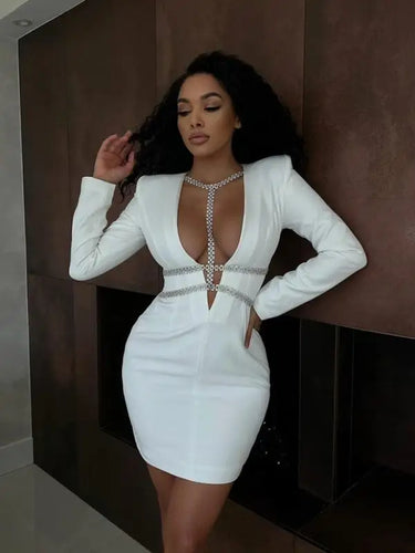 V Neck Diamond Chain Mini Bandage Dress