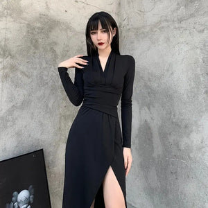 V Neck Gothic High Waist Long Sleeve Dress