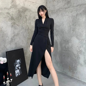 V Neck Gothic High Waist Long Sleeve Dress