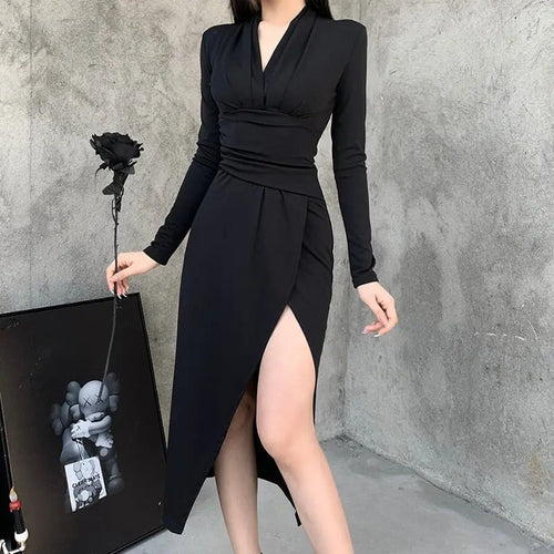 V Neck Gothic High Waist Long Sleeve Dress