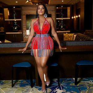 V Neck Halter Backless Bodycon Playsuit - L / red