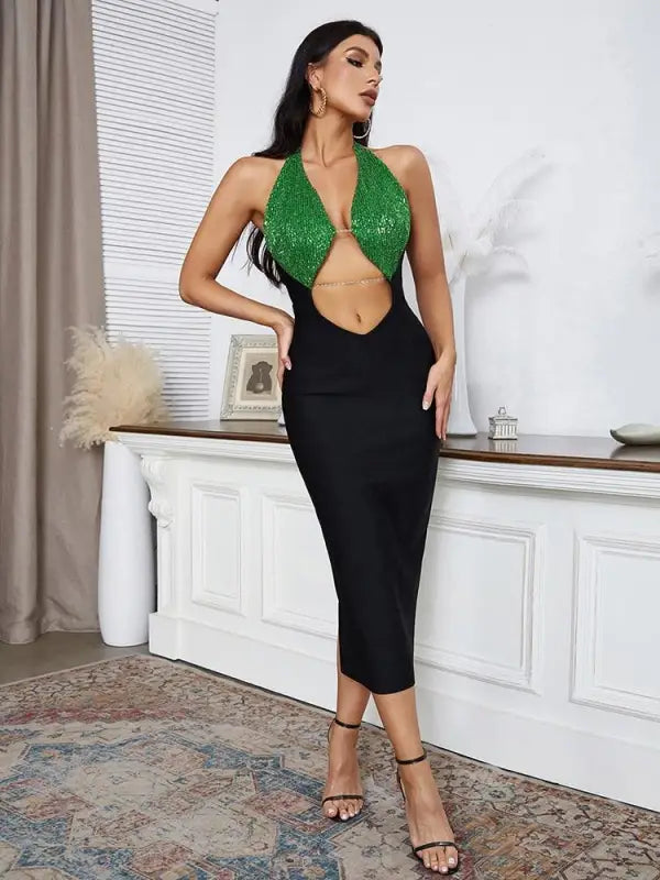 V Neck Halter Green Sequin Bodycon Bandage Dress