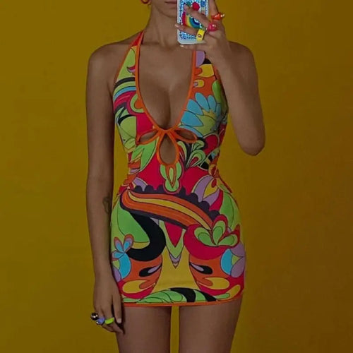 V Neck Halter Hollow Out Mini Dress