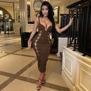 V-Neck Hollow Out Bandage Dress - XL / Auburn
