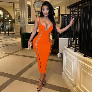 V-Neck Hollow Out Bandage Dress - XL / Orange