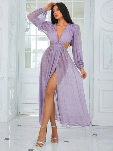 V Neck Hollow Out A Line Violet Maxi Dress