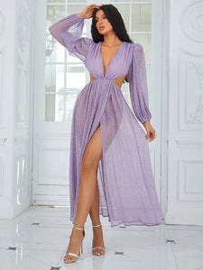 V Neck Hollow Out A Line Violet Maxi Dress