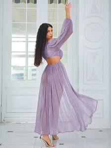 V Neck Hollow Out A Line Violet Maxi Dress