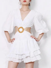 Load image into Gallery viewer, V Neck Lantern Half Sleeve Mini Dress