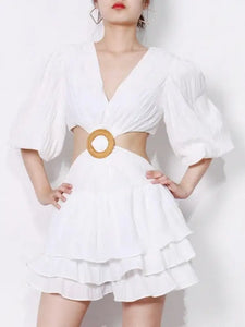 V Neck Lantern Half Sleeve Mini Dress