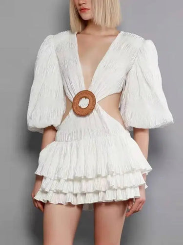 V Neck Lantern Half Sleeve Mini Dress - M / White
