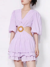 Load image into Gallery viewer, V Neck Lantern Half Sleeve Mini Dress - S / Lavender