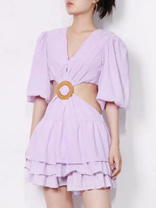 V Neck Lantern Half Sleeve Mini Dress - S / Lavender