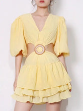 Load image into Gallery viewer, V Neck Lantern Half Sleeve Mini Dress - S / yellow