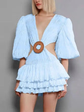 Load image into Gallery viewer, V Neck Lantern Half Sleeve Mini Dress - XS / Sky blue