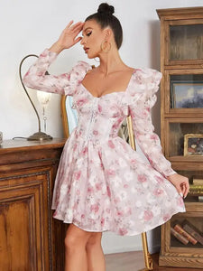 V-Neck Long Sleeve Lace Floral Mini Dress