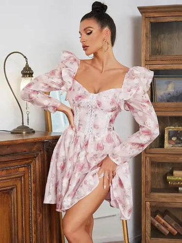 V-Neck Long Sleeve Lace Floral Mini Dress
