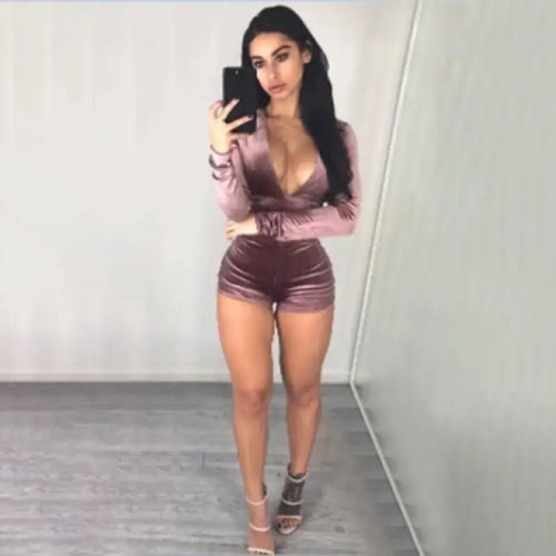 V Neck Long Sleeve Velvet Romper