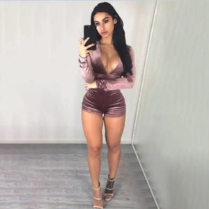 V Neck Long Sleeve Velvet Romper - XS / Purple