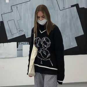 V Neck Printed Grunge Knitted Gothic Sweatshirt
