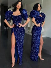 Load image into Gallery viewer, V neck Puff Sleeve Luxury Sequined Corset Dress