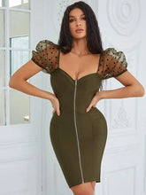 Load image into Gallery viewer, V Neck Puff Sleeves Front Zip Bandage Dress