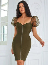 Load image into Gallery viewer, V Neck Puff Sleeves Front Zip Bandage Dress